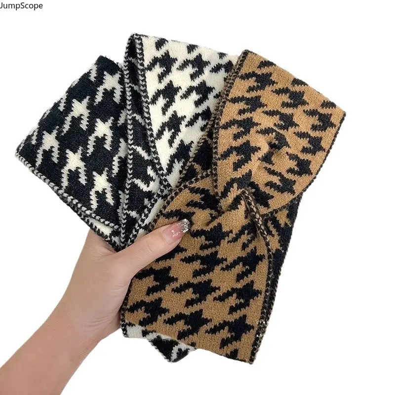 Vintage Neutral Houndstooth Fabric Knit Cross-Twist Wrap Shape Sporty Sports Headband, Cozy Wear for Postpartum Confinement & Yoga, Ideal Autumn Birthday Gift