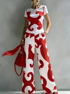 Women's Casual Two-Piece Set, Round Neck T-Shirt with Random Print, High-Waisted Pocket Wide Leg Pants, Urban Leisure