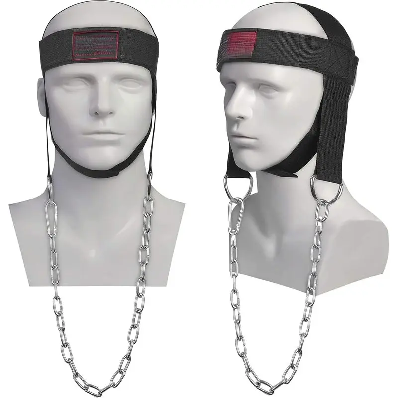 Neck Harness, Weight Lifting Neck Exerciser - Workout Equipment for Head, Neck Strengthener for Gym Training – Head Exercise for Men Women - Nylon Adjustable Straps with Metal Chain (Black)
