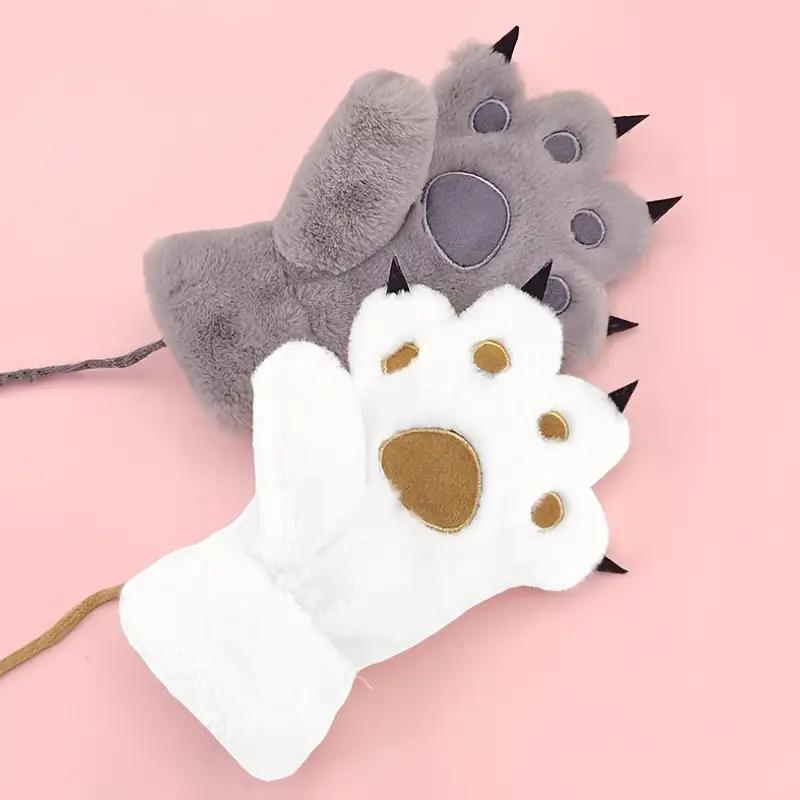1 Pair Girls' Winter Plush Bear Paw Gloves - Cute Cartoon Bear Face with Expressive Eyes & Nose, Thick Warm Fleece-Lined Hand Warmers for Old