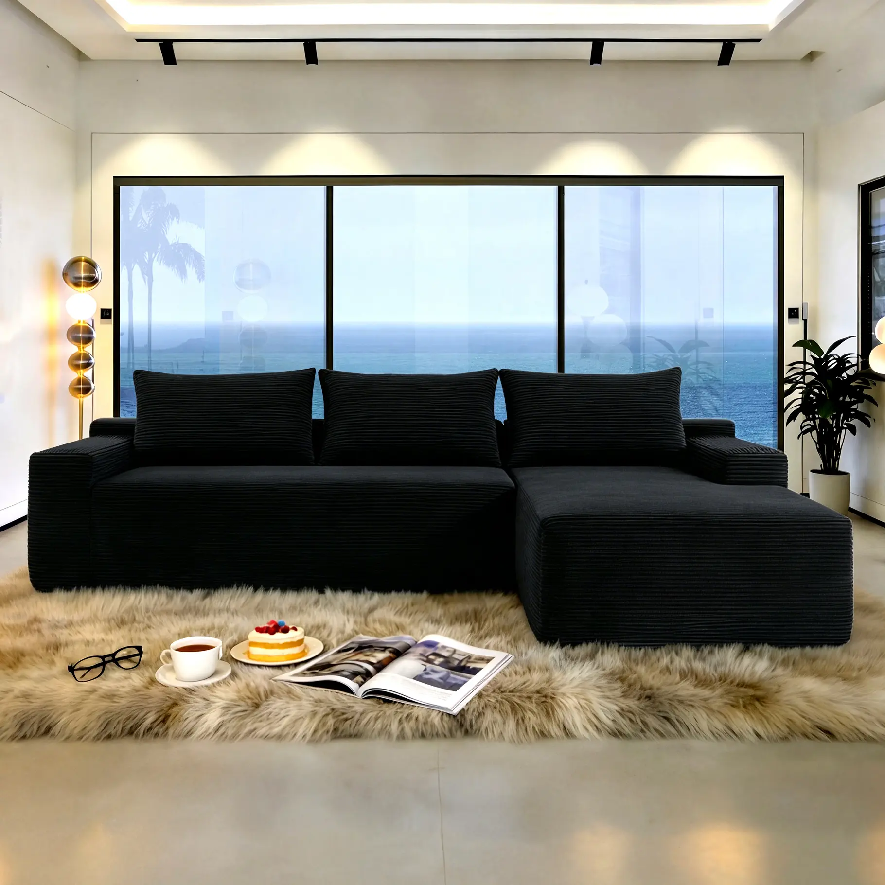 ARCH 96.9" Right-Facing L-Shape Chaise Cloud Sectional Couch, Modern Modular Deep Seat Corduroy Upholstered Sofa, No Assembly Required Furniture for Living Room, Sectional Couches & Living Room Decor (Black), Sectional Couches For Living Room