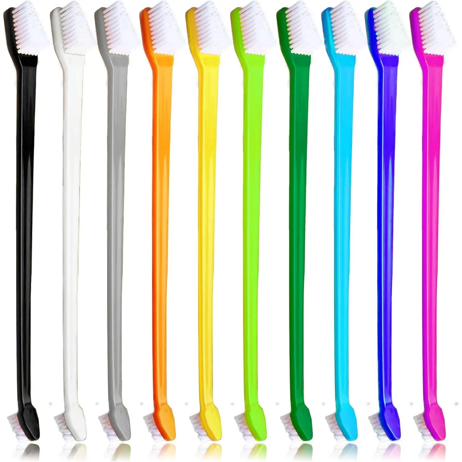 Toothbrush Set of 10 - Dual Headed Tooth Brushes for Small to Large Dogs, Cat, Puppy, Kitten & Most Pet, Double Sided Teeth Cleaning Bulk Kit with Soft Bristles Long Handle, 10 Colors