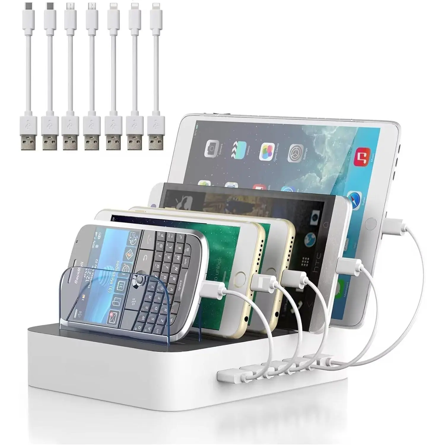 Station for Multiple Devices : 5 Port Multi USB-A Charger Stations Multi-Device Organizer  Dock Designed for  iPad Cell Phone Tablets (7 Short Cables Included)