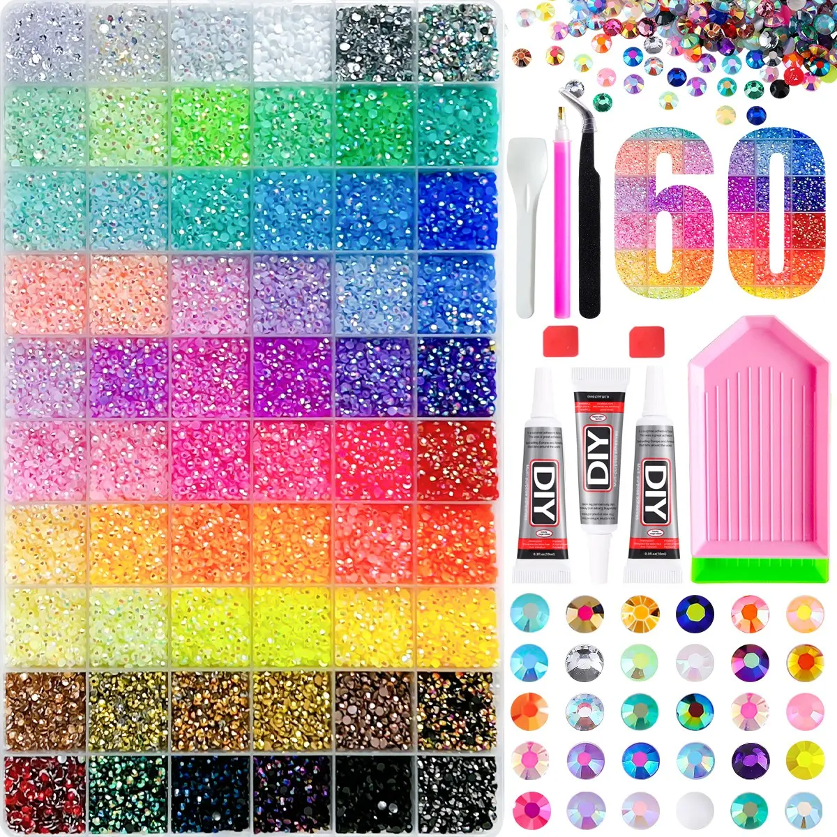 1Box 3mm AB Iridescent Flatback Crystals Nail Bedazzling Rhinestones Kit 60 ColorsTrending Bling Semi-circular Nail Diamond Gems for DIY Jewelry Bottle Nails Art Crafts