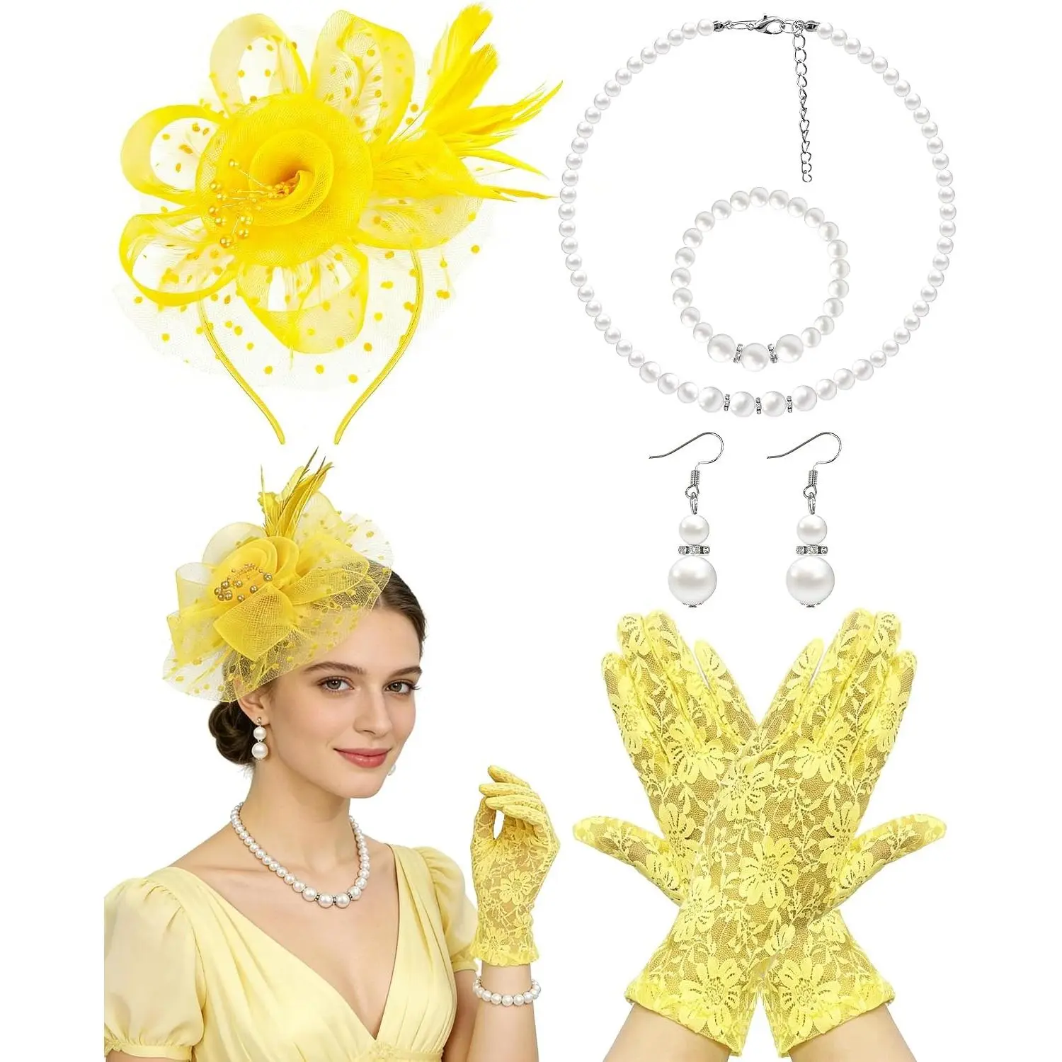 1920s Vintage Fascinator Hat Set for Women - Tea Party Headwear with Veil, Mesh, Feather Headband & Lace Gloves(Gift)