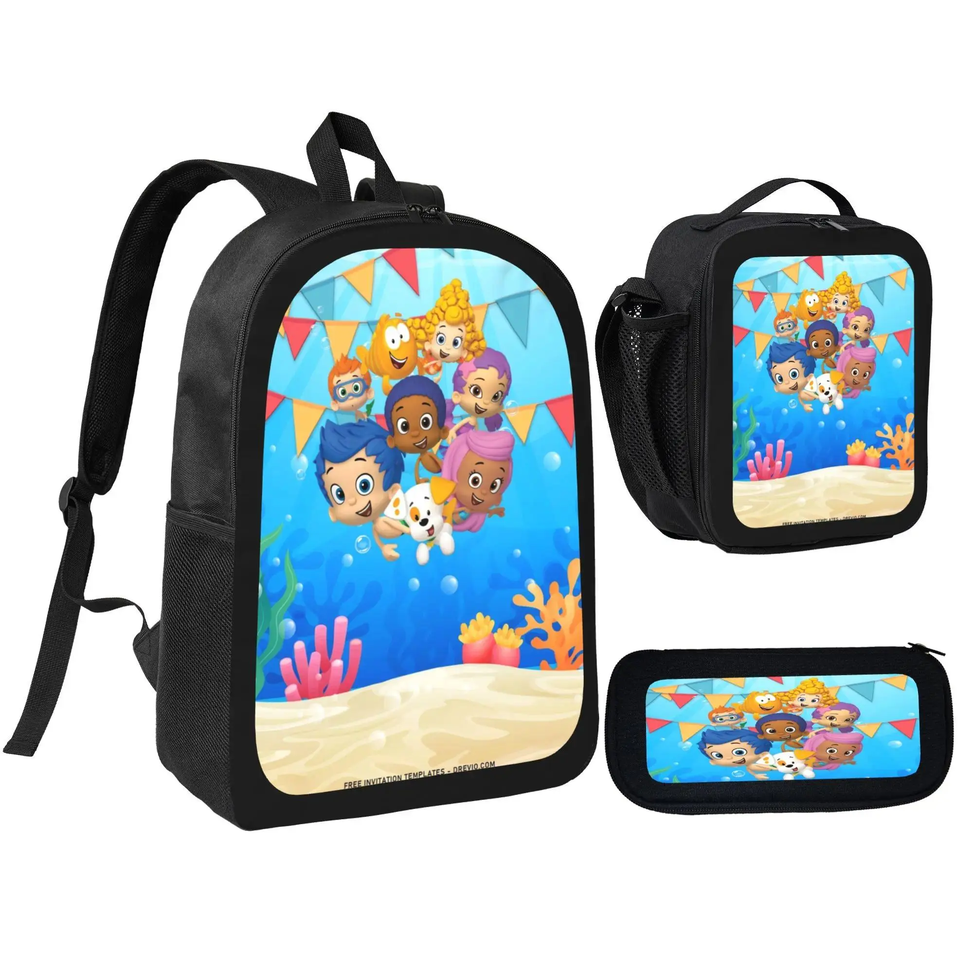 3 in 1 Bubble Guppies Cartoon Themed School Supplies Set, Trendy Cartoon Printed Backpack with Insulated Lunch Pouch and Stationery Bag, Durable Premium Fabric Daypack for Kids Teens Boys Girls Cartoon Lovers