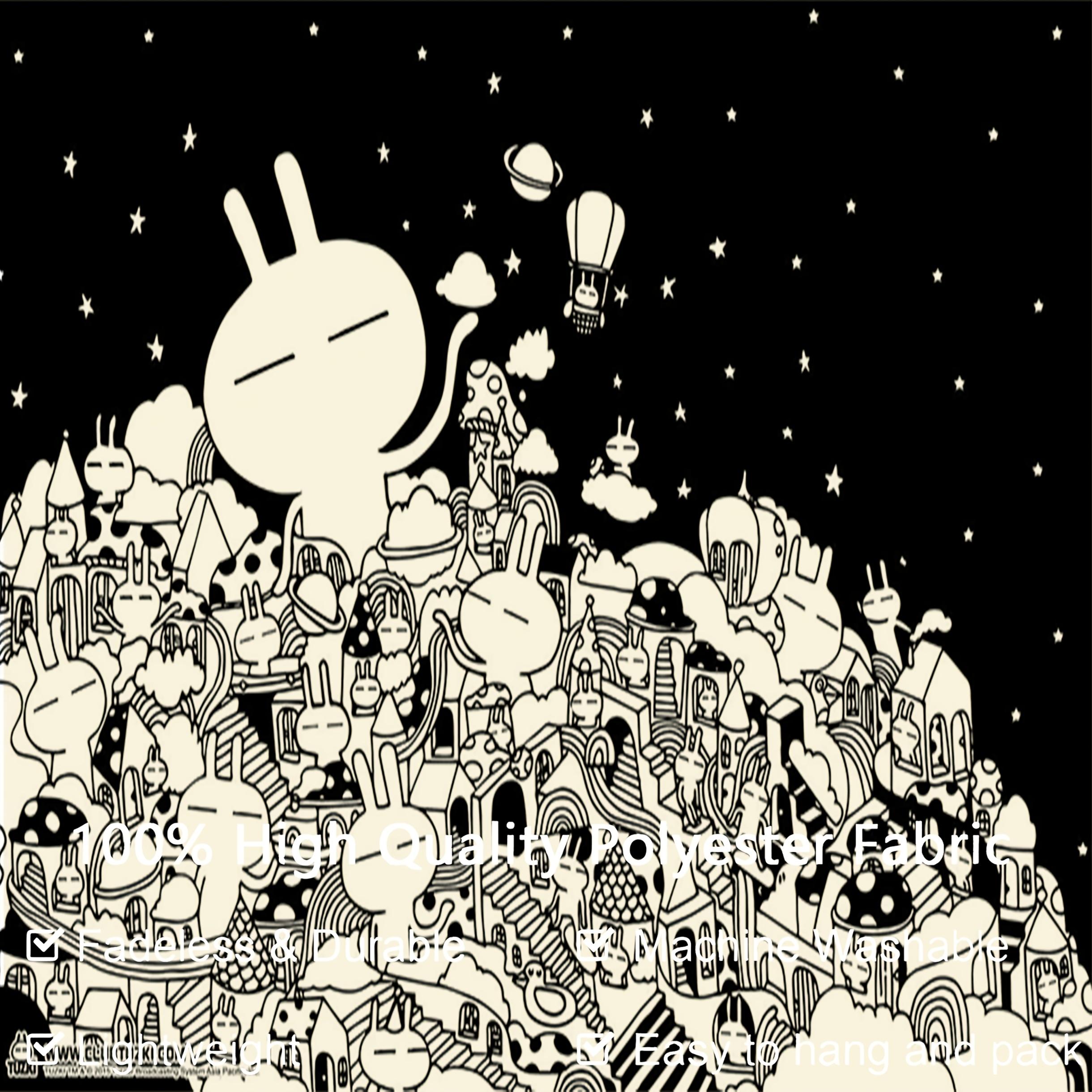 Black and White Minimalist Anime Tapestry - A group of cute characters with smiling, horizontal decoration, suitable dorm rooms, living rooms, office decor - Soft peach-beige, black and white line art, party backdrop, holiday decoration, furniture, minima