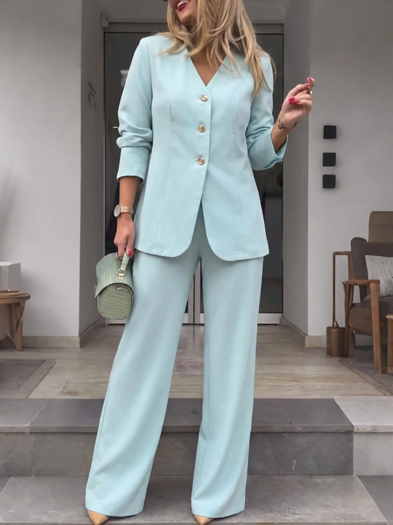Women's Lady Elegant Chic Solid Color Suits Set, Womenswear Autumn Fashion Long Sleeve Jacket and Pocket Design Pants, Work and Commute Matching Two-Piece Set, Stylish Office Wear, Outfit, Elegant Formal Wear
