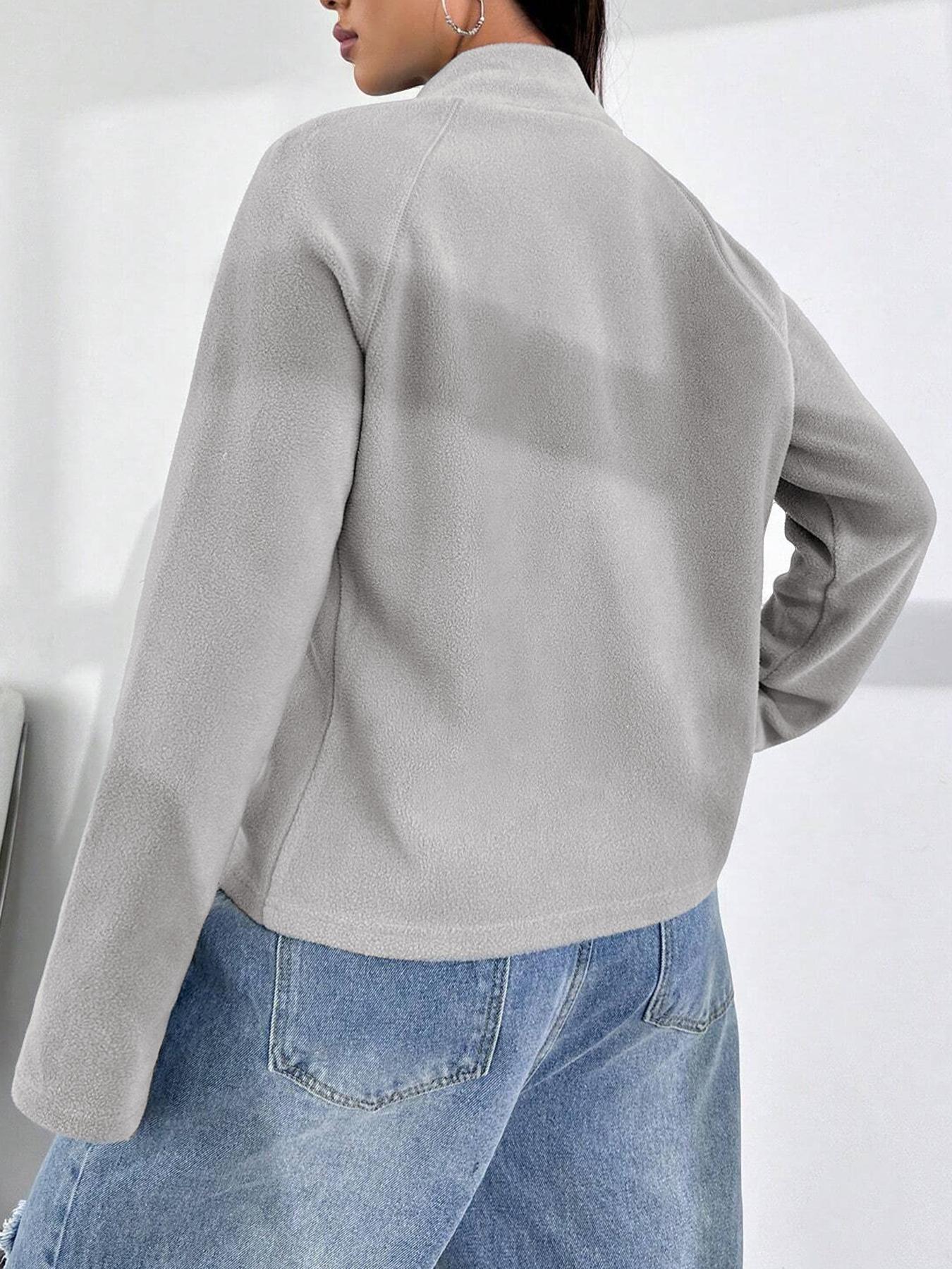 Women's Solid Raglan Sleeve Zip Up Polar Fleece Jacket, Casual Long Sleeve Stand Collar Outerwear for Spring & Fall, Ladies Clothes for Daily Wear