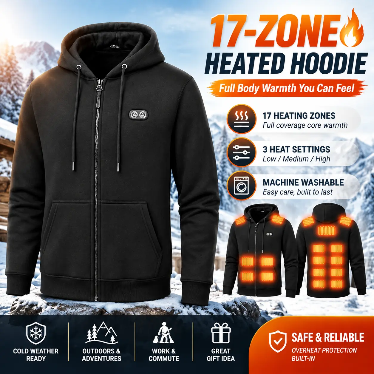 Unisex 17-Zone USB Heated Hoodie Jacket, Fleece-Lined Full-Zip Thermal Outerwear with Dual-Zone Control, 3 Heat Settings, Adjustable Hood and Hand-Warming Pocket for Winter Outdoor Wear
