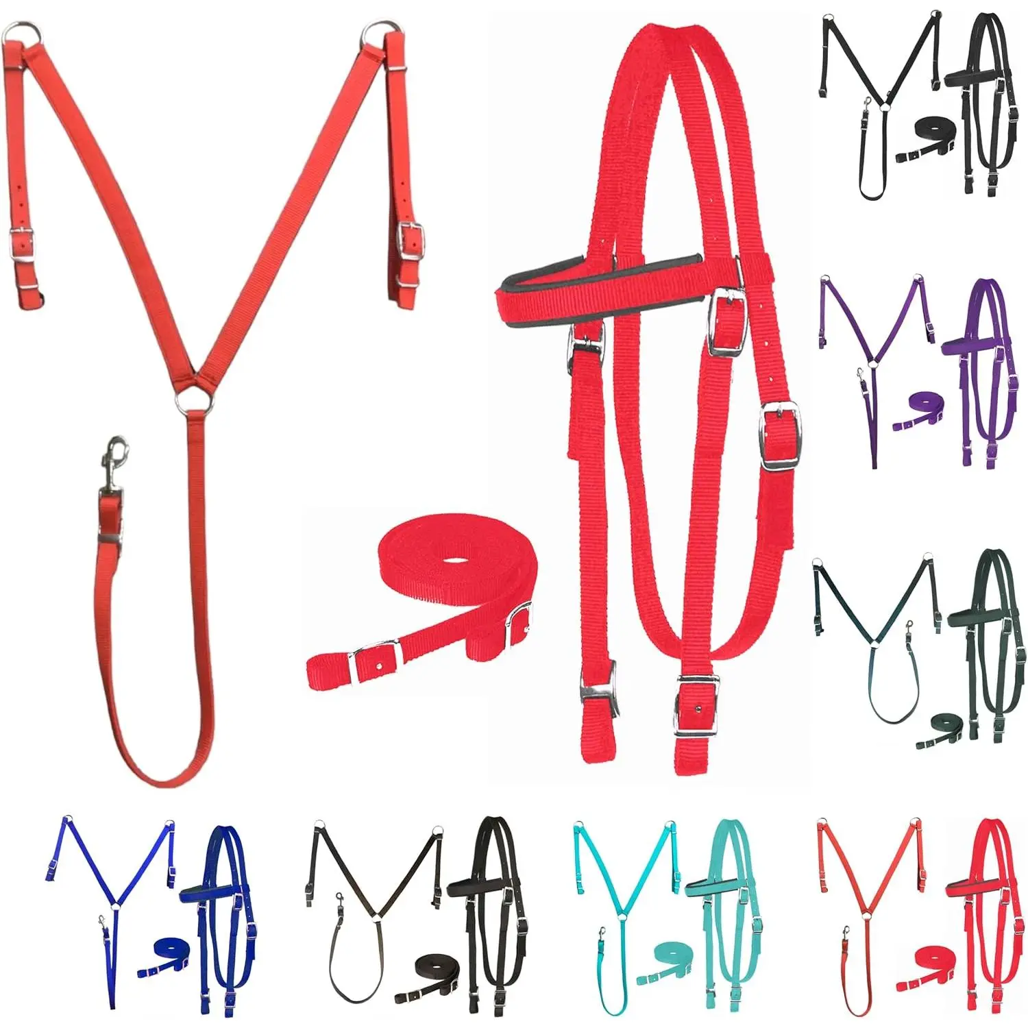 Nylon Padded Equestrian Full Set – Browband, Headstall, Reins & Breastcollar for Full Size Horse, Adjustable Fit, Customized Fit, Durable Construction, Full Set Included