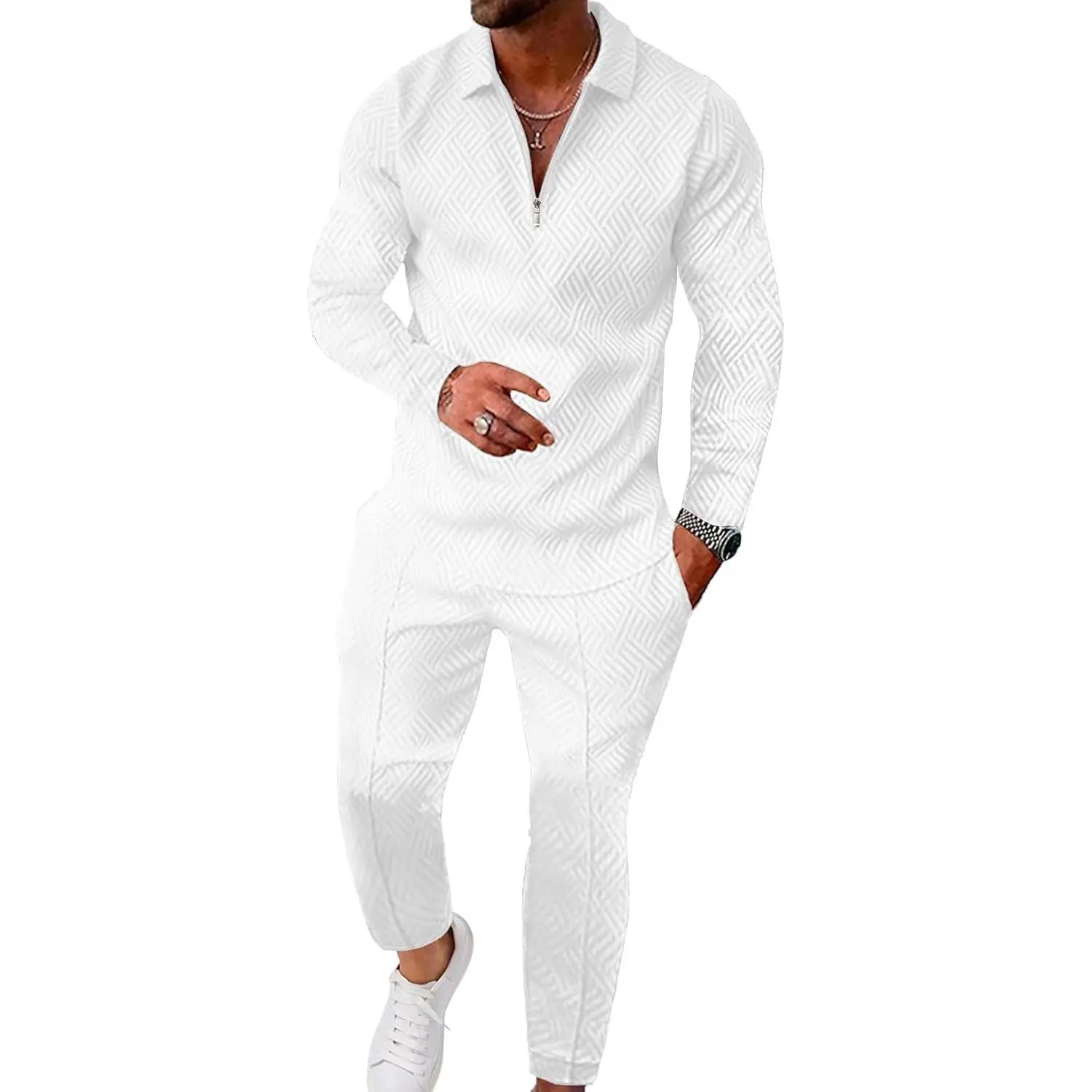 Men's 2 Piece Casual Outfit Polo Long Sleeve Shirt & Jogger Pants Tracksuit Athletic Loungewear Sweatsuit(Gift)