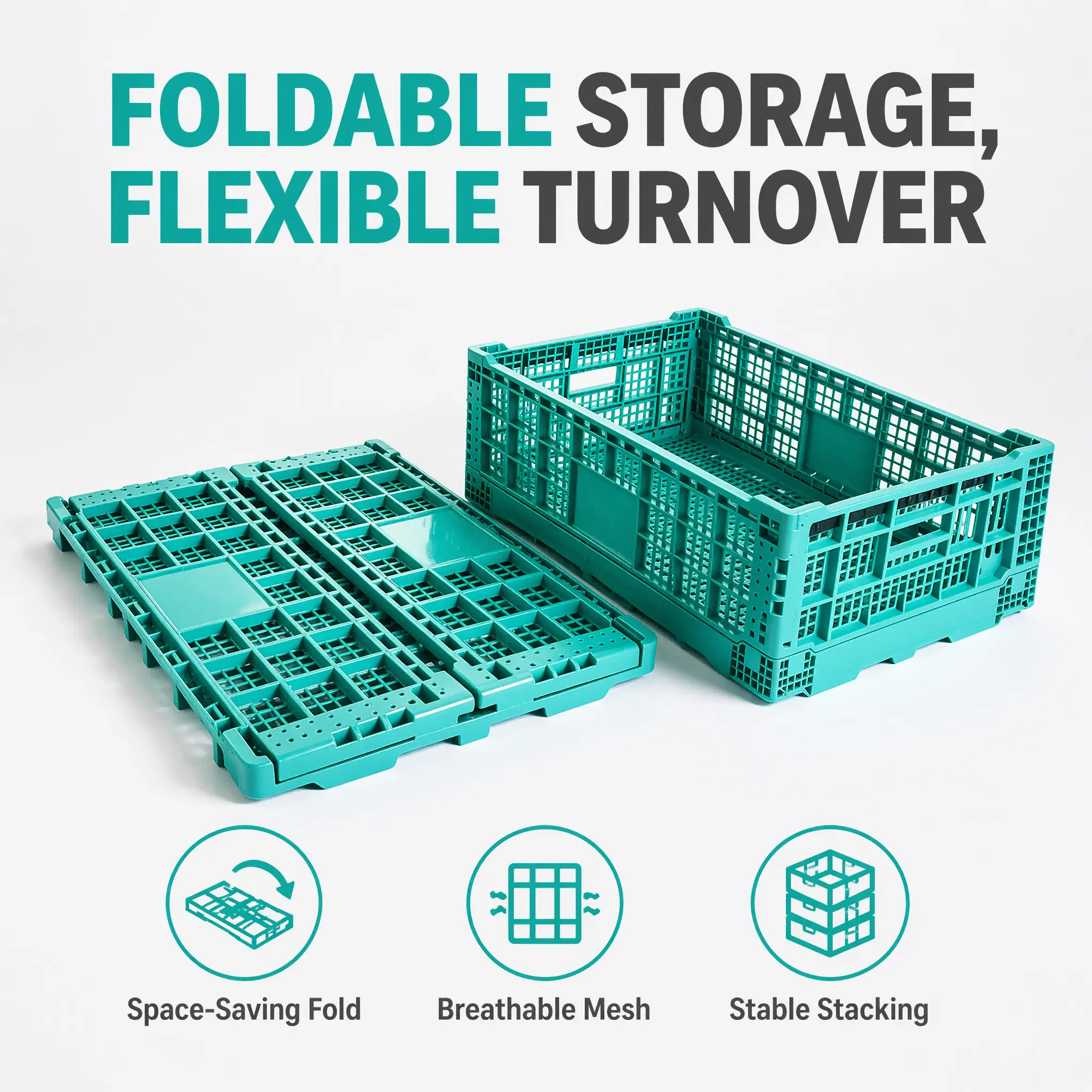 Collapsible Stackable Plastic Crate Fold Flat Space Saving Ventilated Mesh Basket for Fruit Vegetable Wholesale Supermarket Warehouse Garage Storage