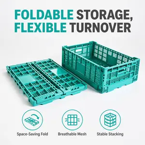 Collapsible Stackable Plastic Crate Fold Flat Space Saving Ventilated Mesh Basket for Fruit Vegetable Wholesale Supermarket Warehouse Garage Storage