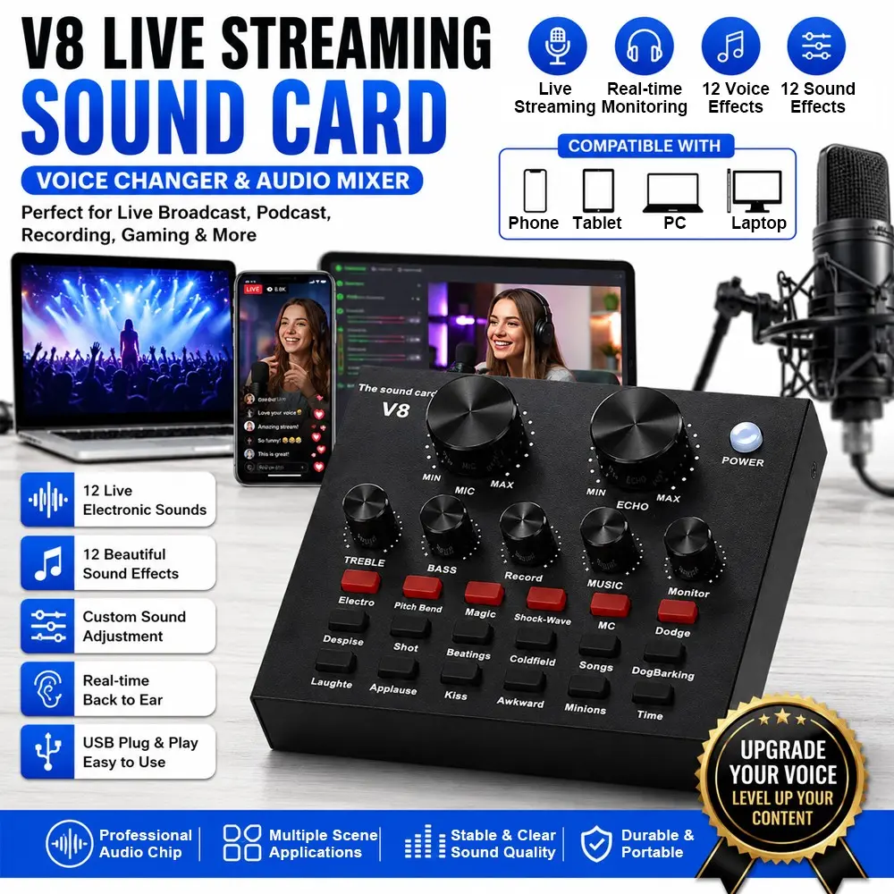 V8 Live Streaming Sound Card Audio Interface, Voice Changer Podcast Mixer with 12 Sound Effects, USB Recording Console for TikTok, YouTube, PC & Mobile