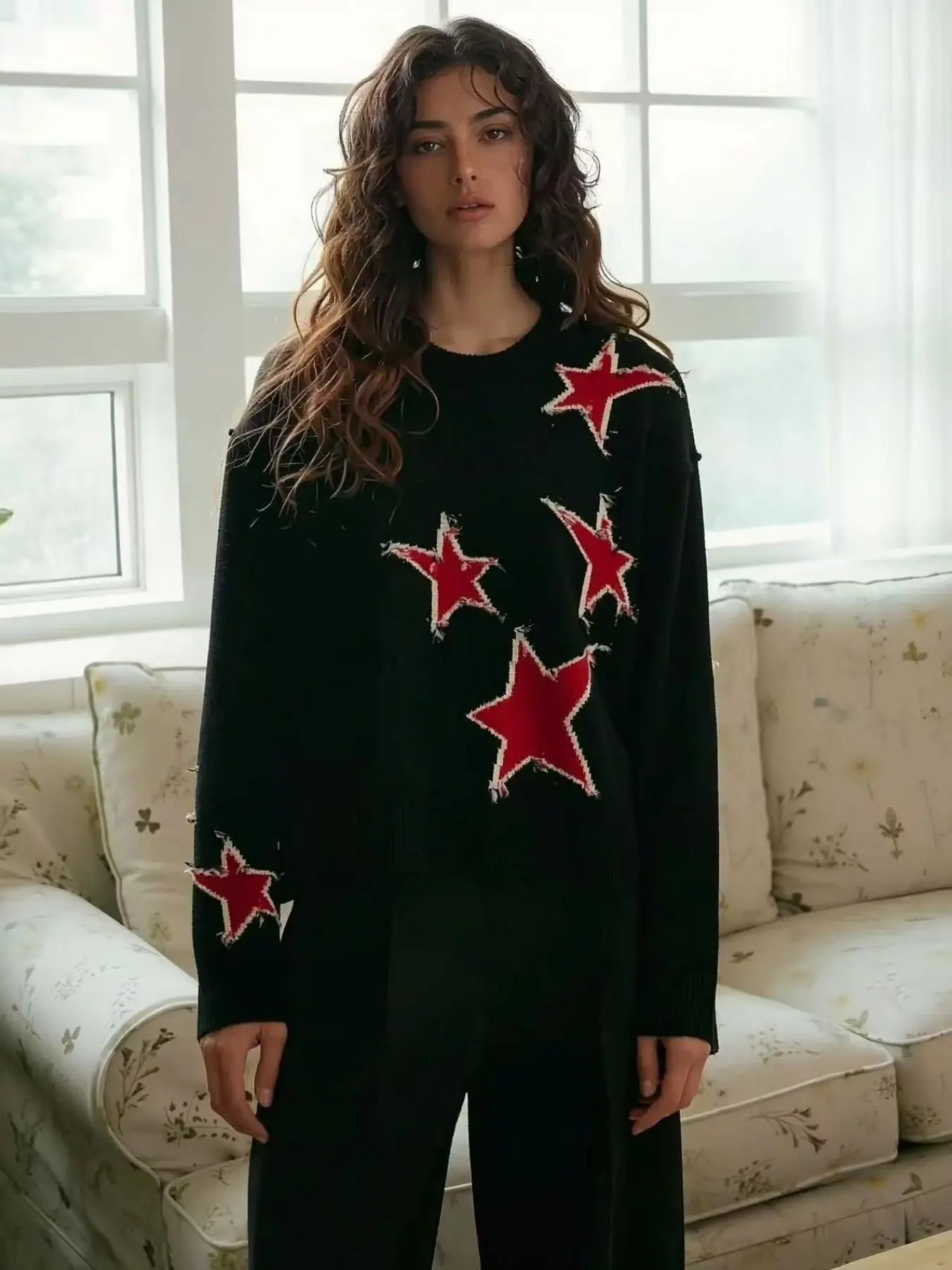American Style Punk Star Round Neck Sweater for Women, Loose Fit Lazy Wind Knit Top, Five-Star Design, Fall Winter Fashion