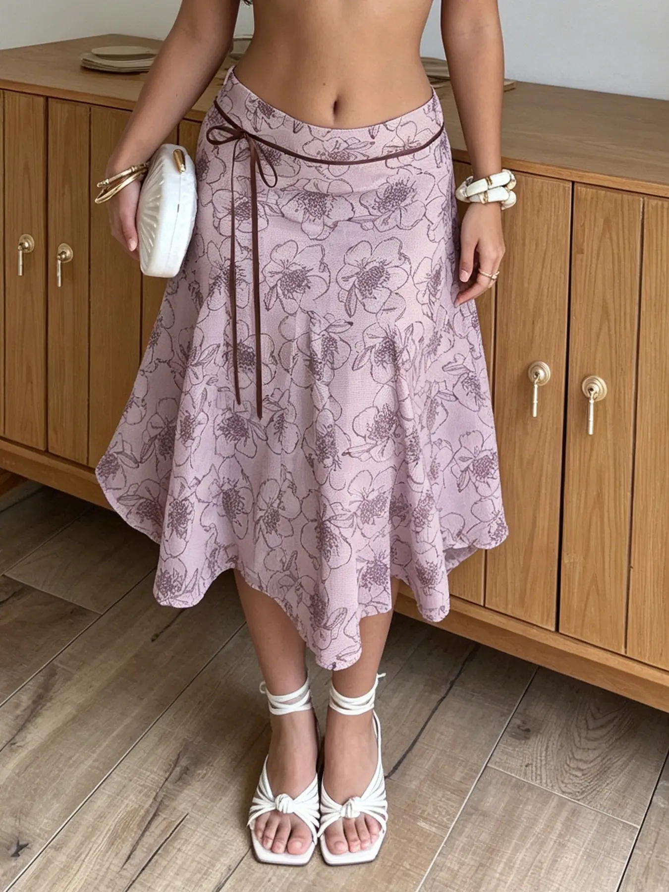Women's Floral Print Midi Skirt, Semi-Sheer A-Line Skirt, Bohemian Y2K Holiday Style, Summer Beachwear, Boho Fashion Casual Skirt