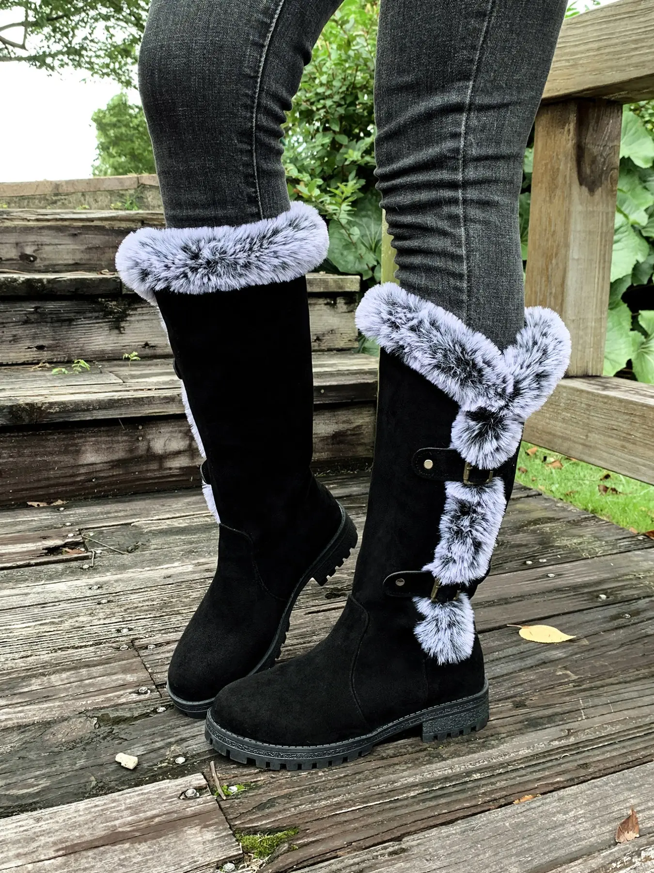 Christmas Style Tall Snow Boots for Women, Foldable Fuzzy Trim, Dual Buckle, Suede, Thick Sole, Anti-Slip, Warm Winter Boots