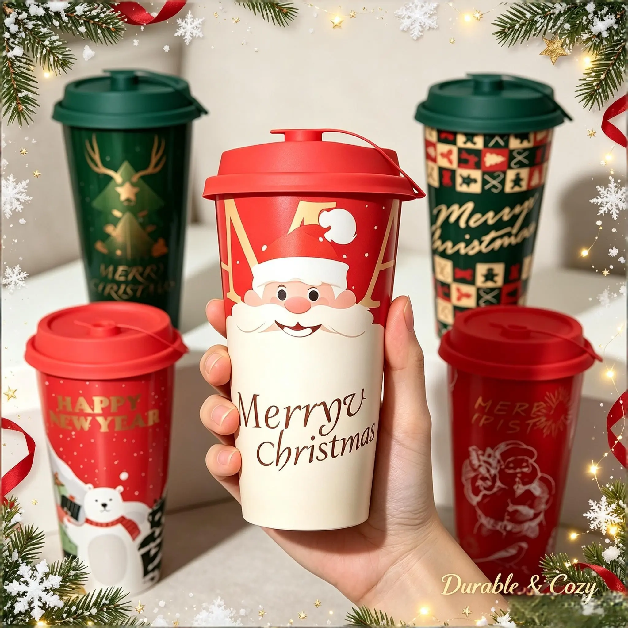20 Pcs Christmas Plastic Coffee Cups with Lids, Reusable Hot Chocolate Cups for Adults and Kids, Winter Holiday Party Gifts