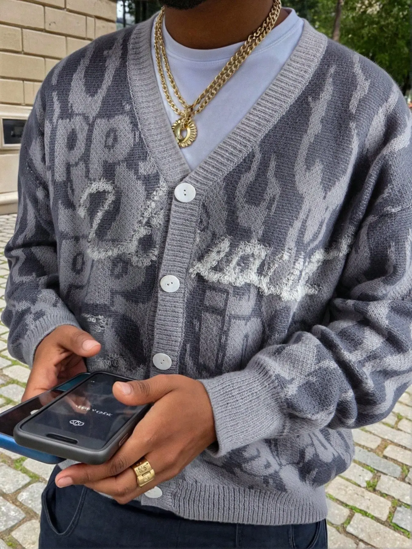 Men's Street Style Letter Print V-Neck Sweater, Casual Loose Fit Long Sleeve Pullover, Spring & Fall Fashion Top