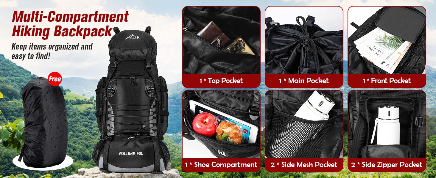 AGS 90L Hiking Backpack, Waterproof Camping Bag with Rain Cover, Lightweight Backpacking Back Pack
