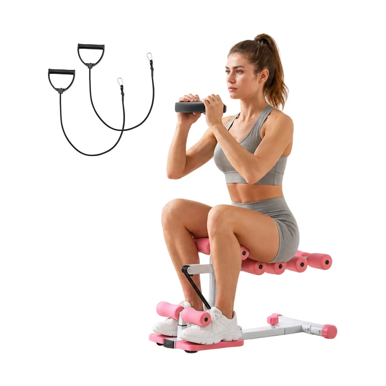 VEVOR Deep Squat Machine, Adjustable Glutes Trainer Machine with 3 High-Strength Resistance Bands, Folding Core Leg and Glutes Exercise Trainer, Push Up Workout Equipment at Home Gym, Pink  White