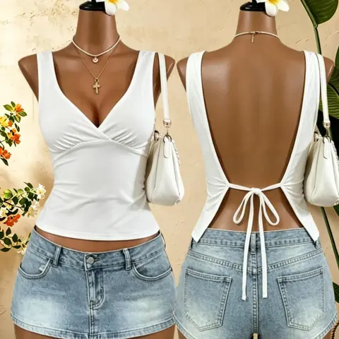 Women's Summer Deep-V Tie Back Polka Dot Crop Top, Slim-Fit Unlined Chic Fashion Sleeveless Shirt, Sleeveless Crop Tops
