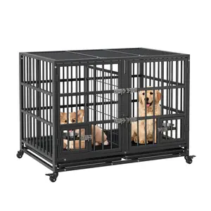 42/48 Inch Heavy Duty Dog Crate for Large Dogs, Metal Wire Dog Kennel with Removable Divider and Tray, Escape Proof Dog Cage with Locking Wheels Dual Doors Reversible Open Top for Golden Retriever German Shepherd