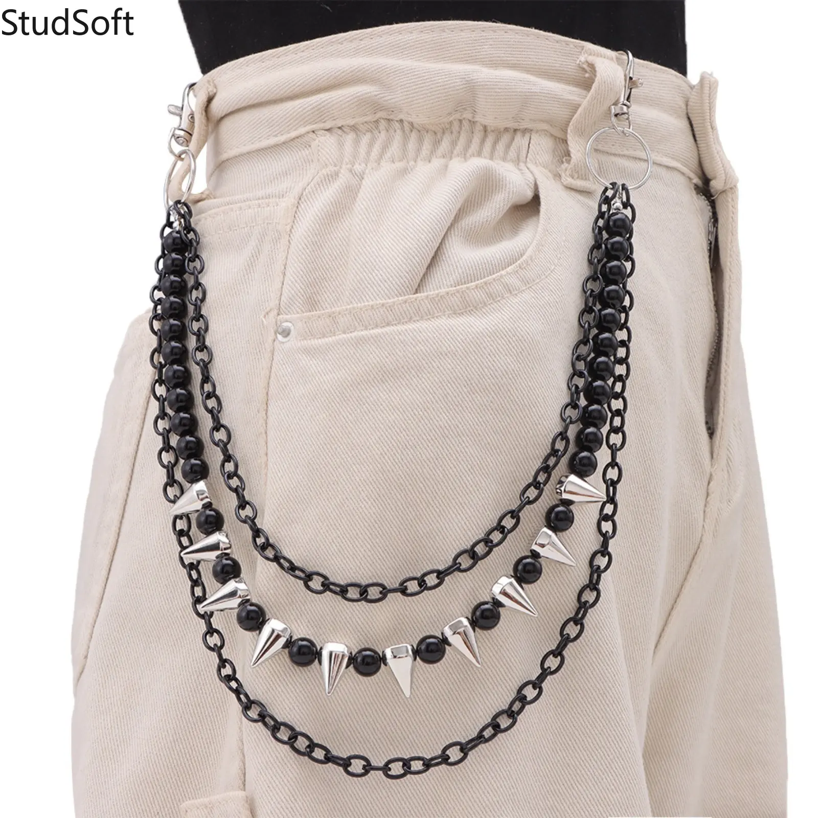 Gothic Studded Pants Chain for Men, Multi-Layered Punk Waist Belt with Spikes and Beads, Pocket Keychain for Jeans, Beads & Chains, Gothic Studs, Stud Pocket Key