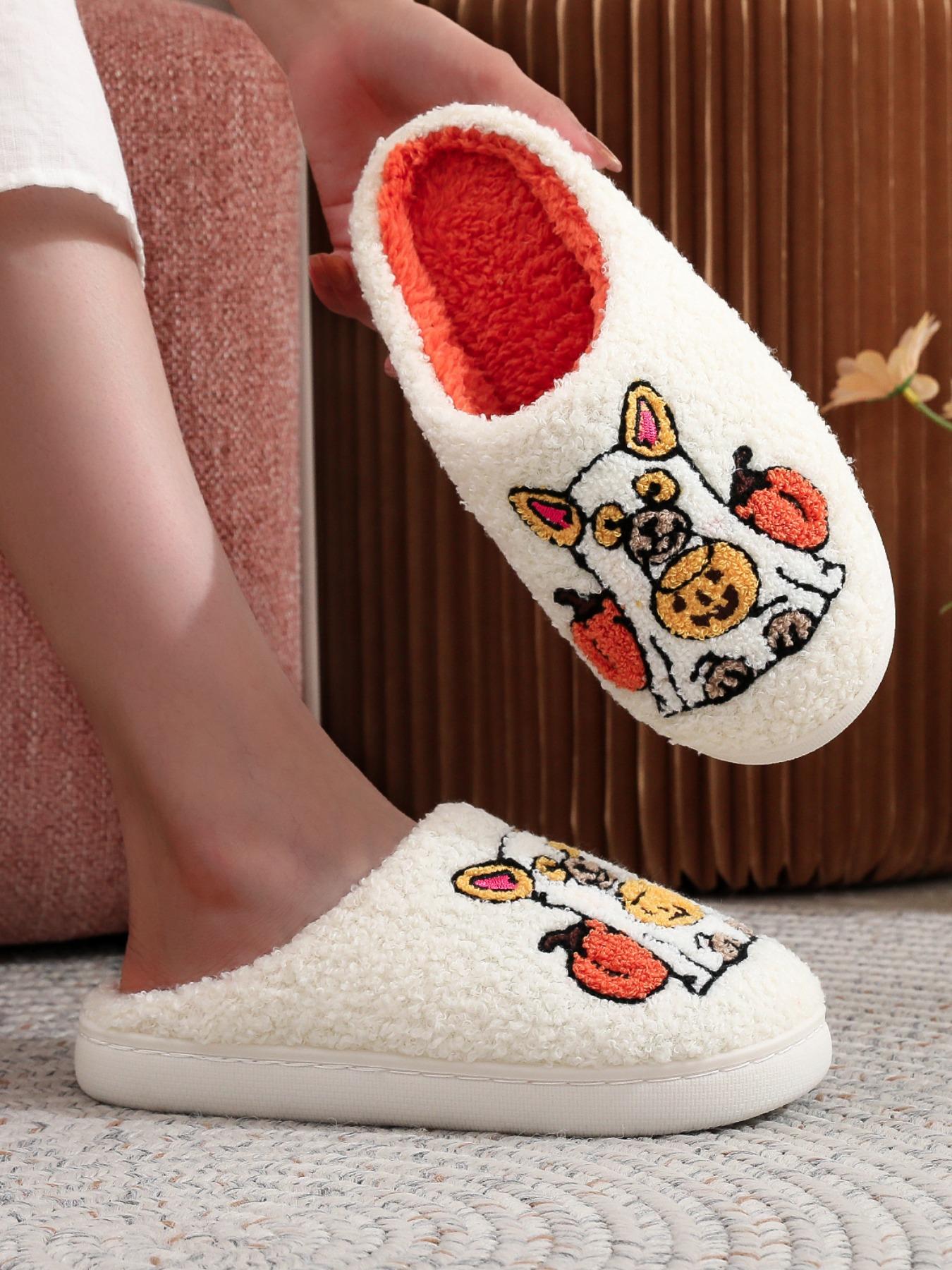 Cute Pet Dog Pumpkin Embroidered Plush Slippers, Soft Comfortable Black Home Shoes for Men & Women for All Seasons, Spooky Perfect Halloween Gift for Dog Moms, Footwear