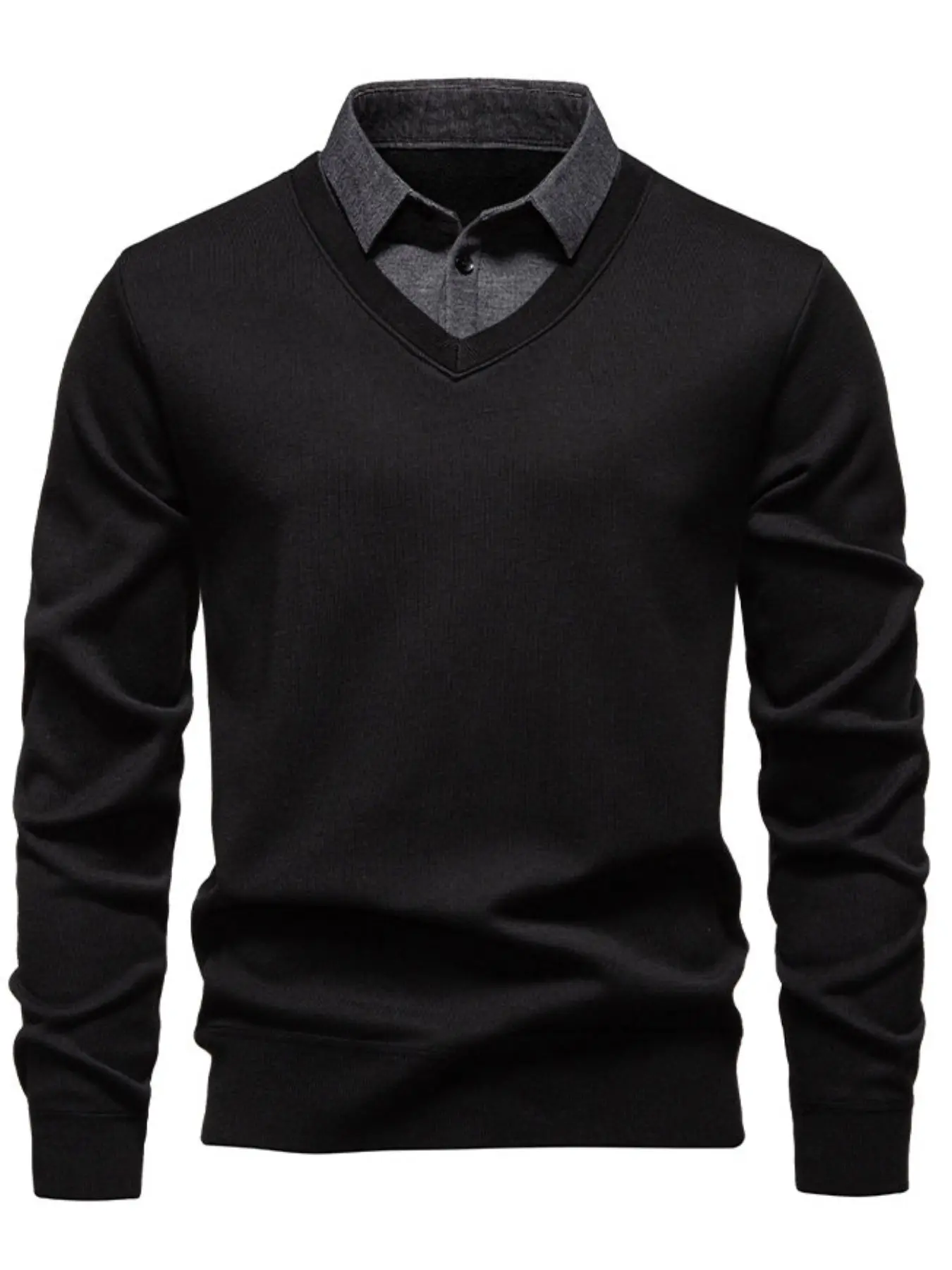 Men's Fake Two-Piece Shirt Collar Sweater, Plain Slim Fit V-Neck Knit Pullover, Long Sleeve Business Casual Top, All Seasons Wear