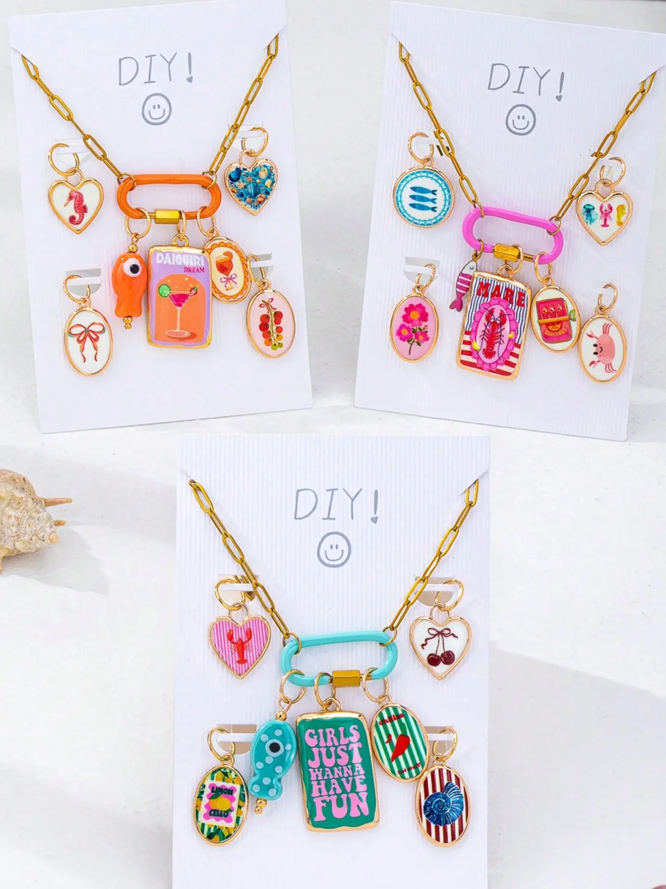 3 Sets Tropical Theme Detachable Charm Necklace for Women - Casual Style Necklaces - Enamel Carabiner Clasp with Lobster Cocktail Pendants - DIY Interchangble Charms Jewelry Casual Trendy Jewelry