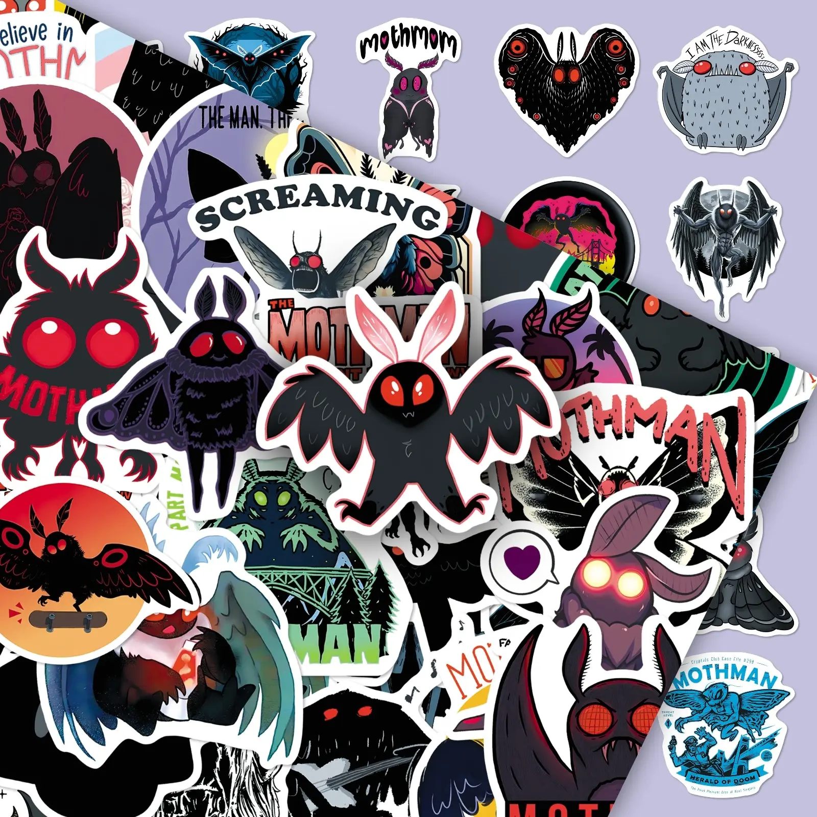 100 Pcs Mothman Stickers, 2 Duplicate Sets of Creative Fantasy Legend Decals for Journaling & Phone Cases