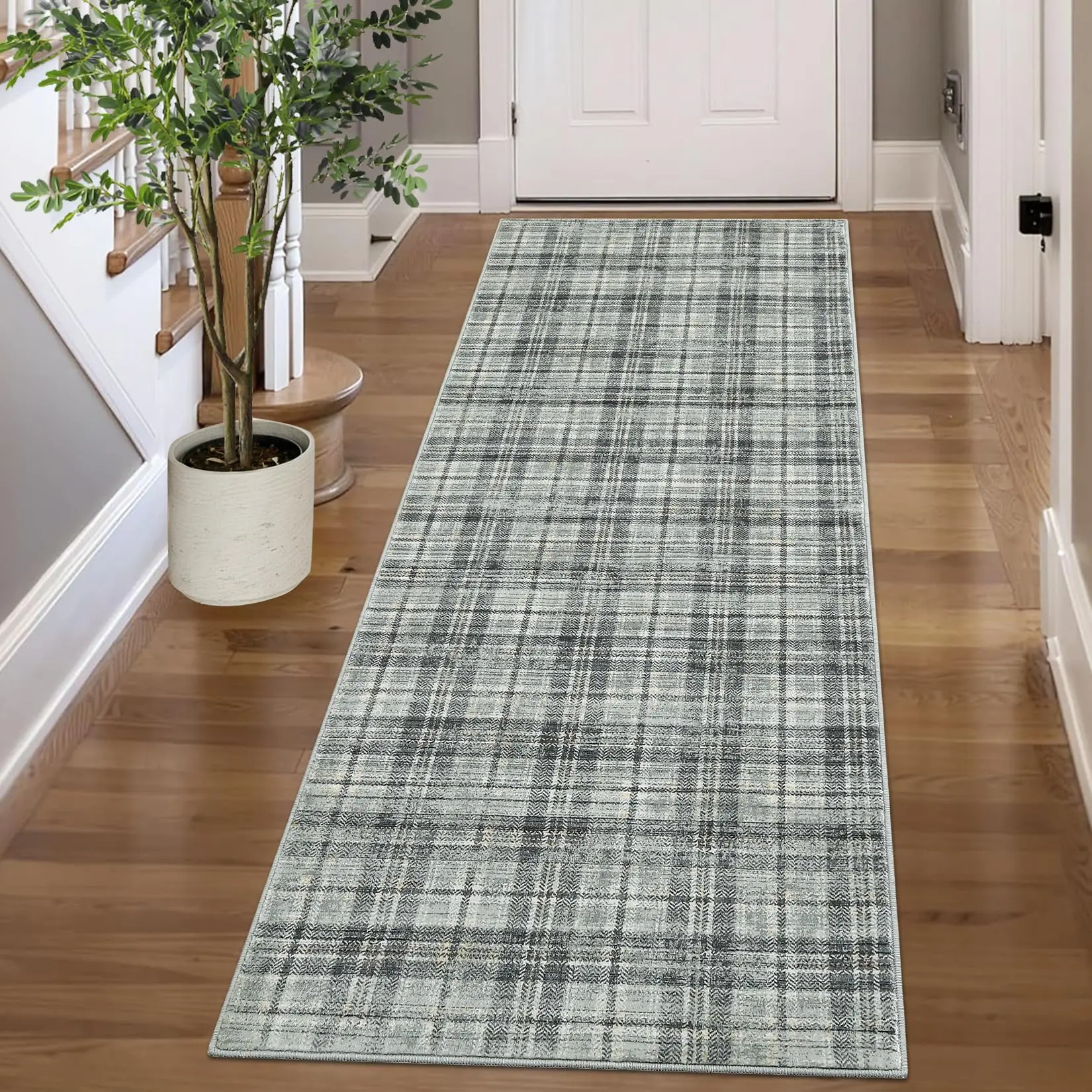 2x8 Washable Checkered Runner Rug, Irregular Grid Pearl Velvet Hallway Carpet with TPR Non Slip Backing for Entryway Kitchen, Gray