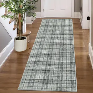 2x8 Washable Checkered Runner Rug, Irregular Grid Pearl Velvet Hallway Carpet with TPR Non Slip Backing for Entryway Kitchen, Gray