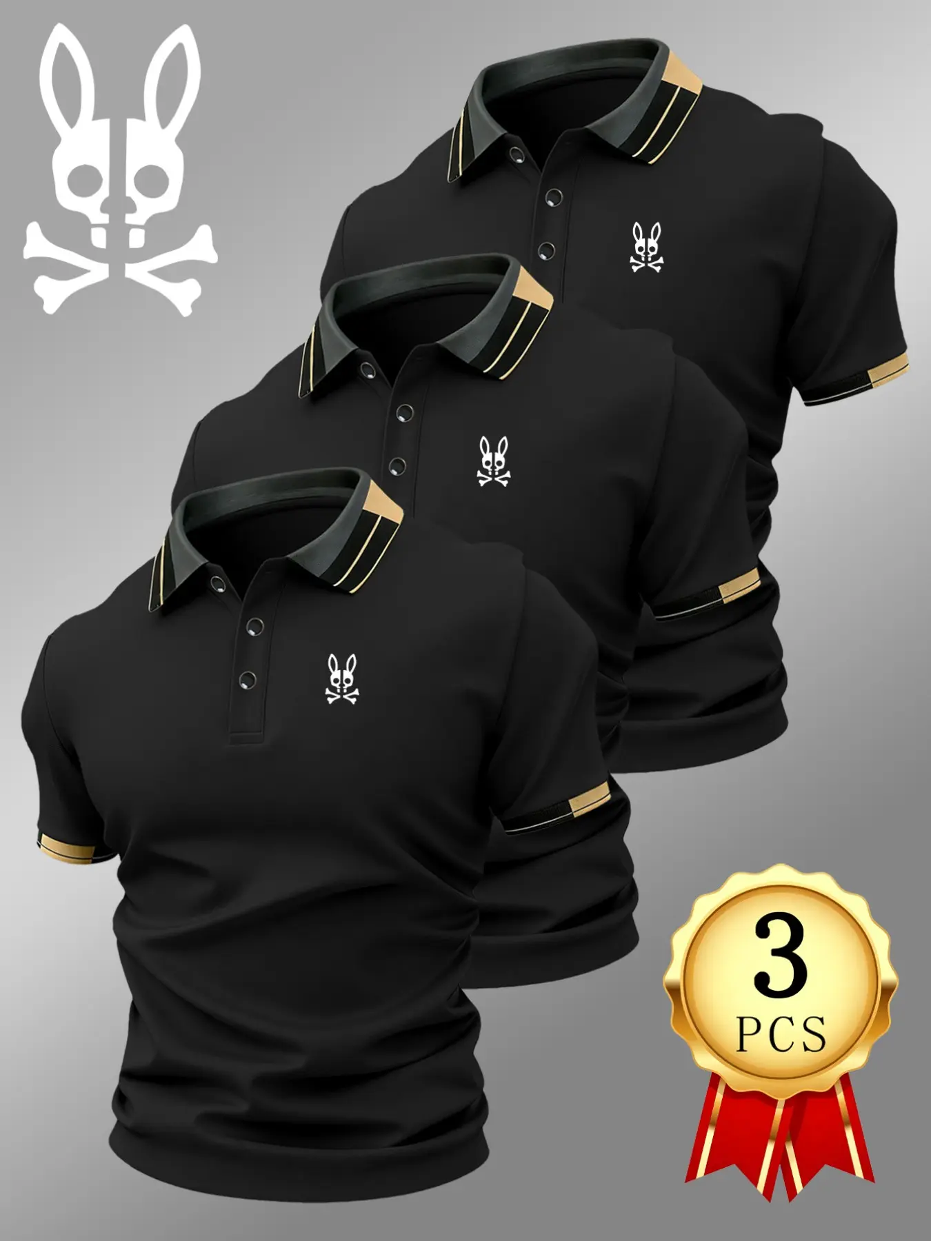 Men's Luxury Golf Polo Shirt Set, Skull Rabbit Print, Fitted Short Sleeve, Breathable Casual Wear, All-Season Comfortable Polo