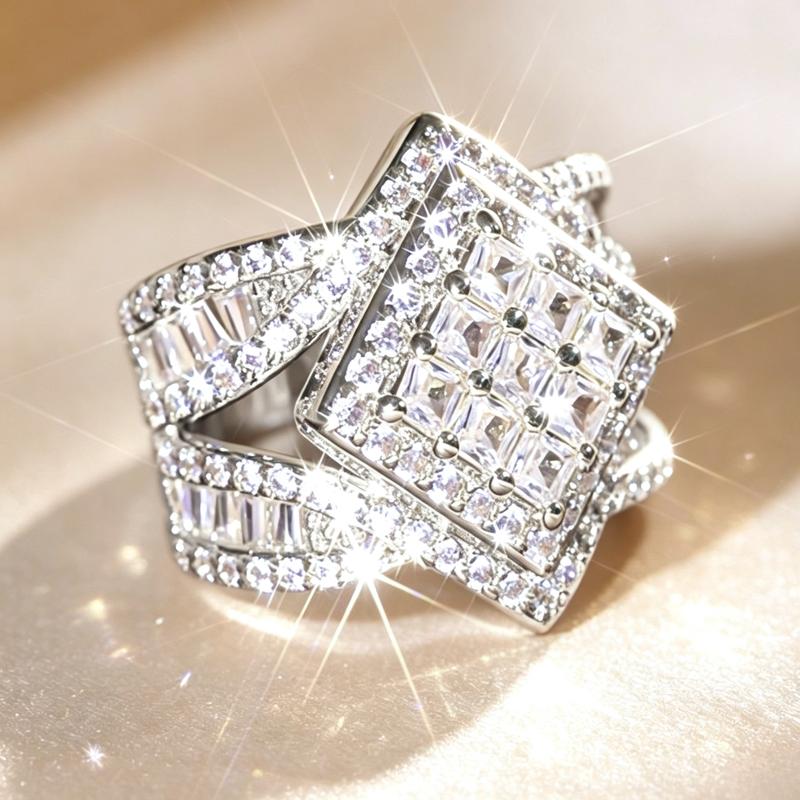 Multi‑Layer Pave‑Encrusted Wide Band Cocktail Ring, Square Cut Double Halo Statement Finger Ring, Aesthetic Fashion Ring for Ladies Special Occasion