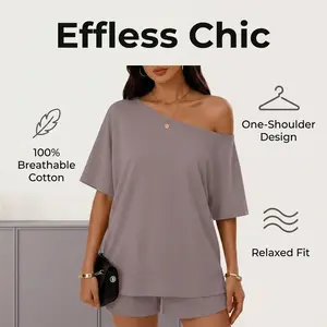 Women's Casual Two-Piece Loungewear Set Off-Shoulder Top and Slim-Fit Shorts Spring Summer Outfit