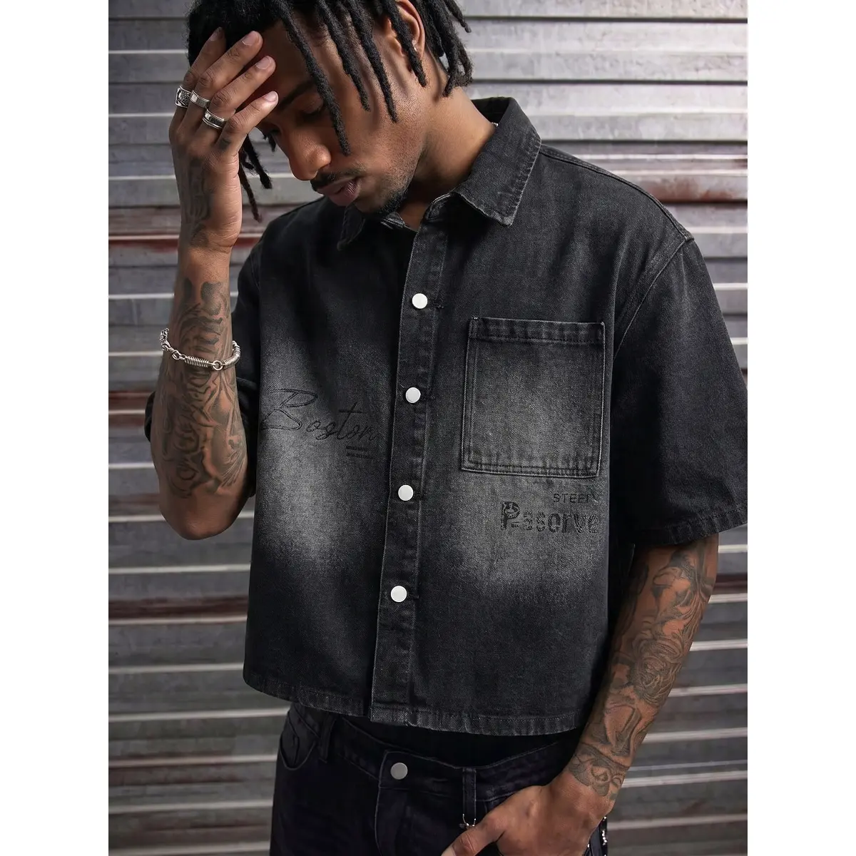 Men's Short Sleeve Black Denim Overshirt, Vintage Washed Cotton Button Up Shirt with Pocket Detail, Relaxed Fit Streetwear Casual Shirt, Trendy Y2K Hip Hop Style Top for Men, Summer Fashion Everyday Wear
