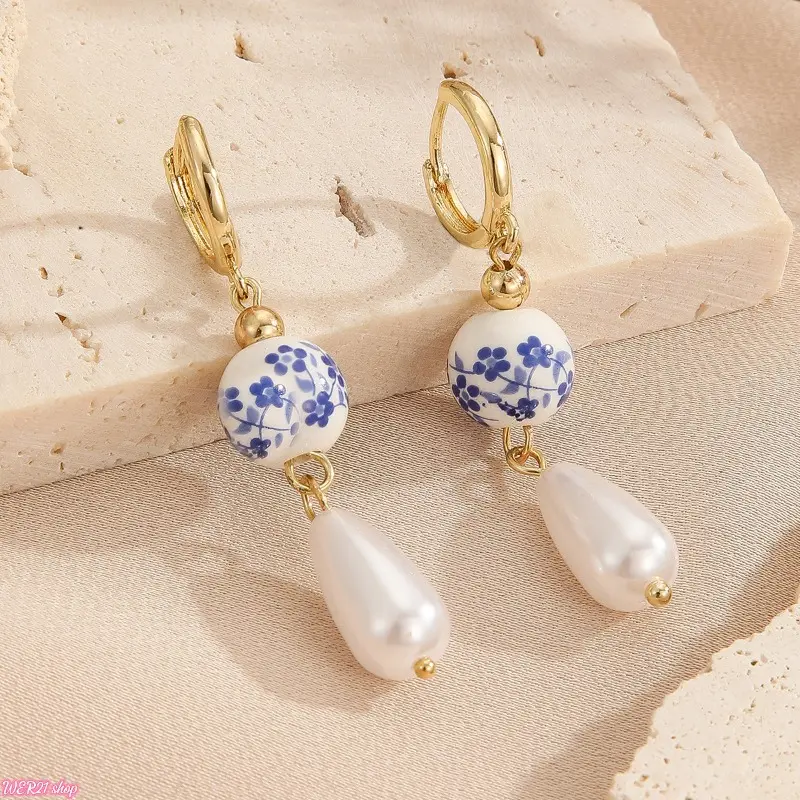 2026 Spring Summer Vintage Chinese Style Drop Earrings, Blue White Porcelain Bead Wind Chime Dangles With Faux Pearls, Elegant Oriental Retro Ear Jewelry For Women, Light Statement Accessory For Tea Parties, Daily Outfits And Traditional Style Matching