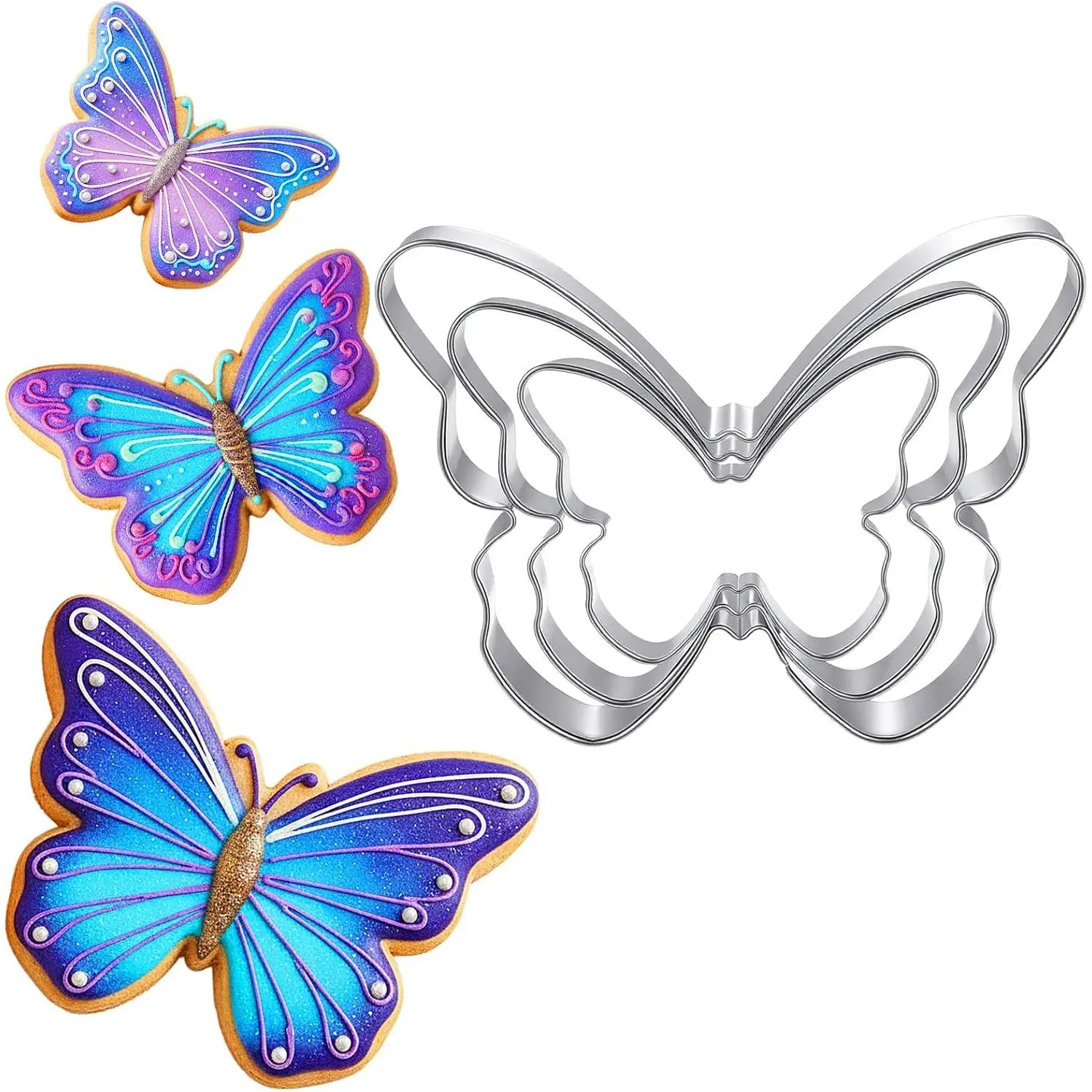 3 Pcs Butterfly Cookie Cutter Set, Stainless Steel Butterflies Shaped Baking Molds, Sandwich Cutter, Butterfly Fondant Biscuit Cutters for Biscuit, DIY Cake Craft, Pastry Decoration (3 Sizes)