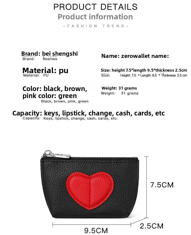 Heart-Shaped Mini Coin Purse – Cute Keychain Wallet for Women, Small Zipper Card Holder for Coins, Cash & Keys, Everyday Essential, Black with Red Heart Design
