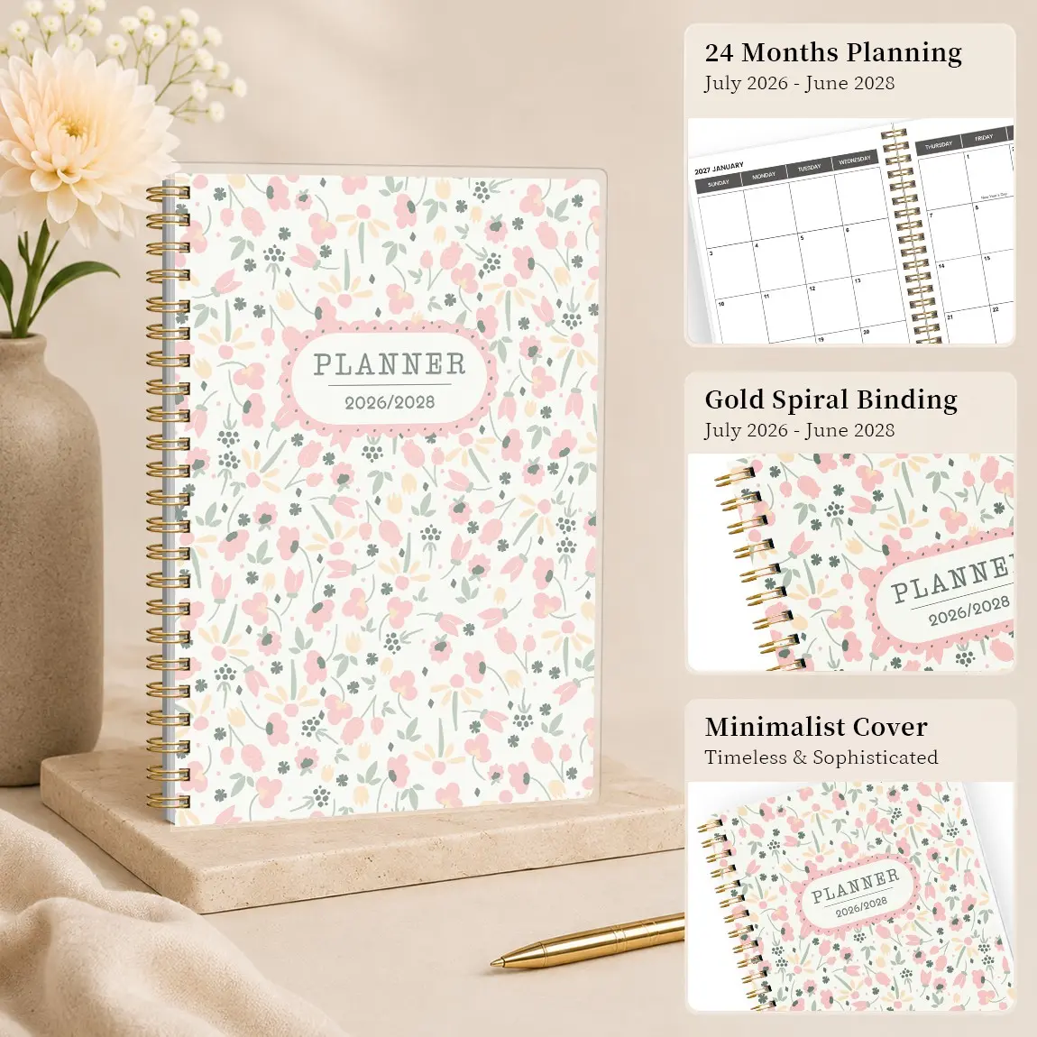 2026-2028 Monthly Planner, Floral Cover A5 Size, 20.7x14.5cm, Spiral Binding, Planner Notebook, Ideal for Office, Study, Daily Planning, Planner Calendar