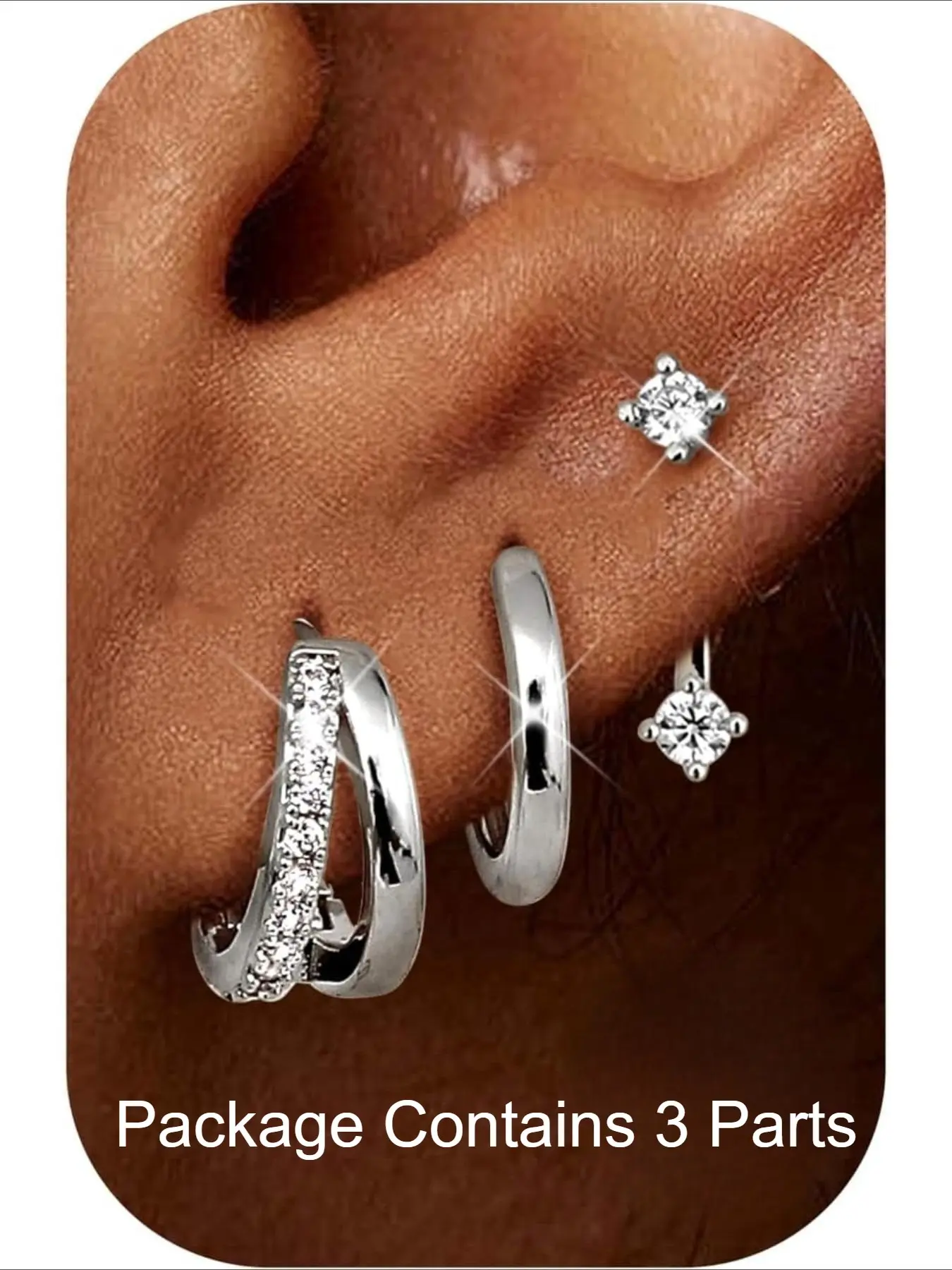 3 Pairs Stud Hoop Earrings for Women, 14k Hypoallergenic, Cubic Zirconia, Silver Color, Multiple Piercings, Casual Style, Cz Earrings, Studs Earrings