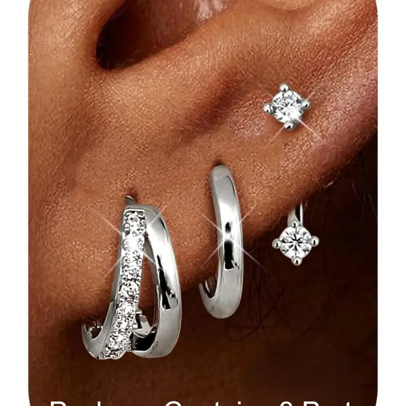 3 Pairs Stud Hoop Earrings for Women, 14k Hypoallergenic, Cubic Zirconia, Silver Color, Multiple Piercings, Casual Style, Cz Earrings, Studs Earrings