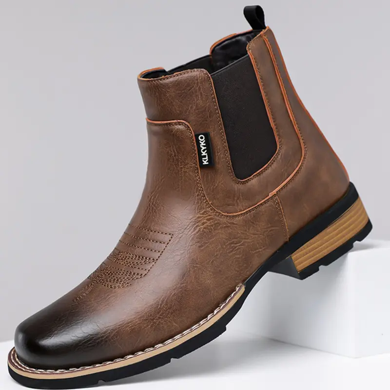 Men's Chelsea Boots, Side Elastic Cuff Low Heel Workwear Bare Boots, British Style Durable Thick Sole Commuter Shoes, Sizes 38-48, General Boot