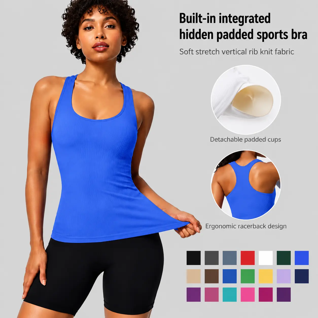 Women's Ribbed Racerback Scoop Neck Slim Fit Seamless Sports Vest, Built-in Removable Chest Pads, Lightweight Breathable Stretchy, for Gym Yoga, Built-in Chest Pads Women's Sports Vest