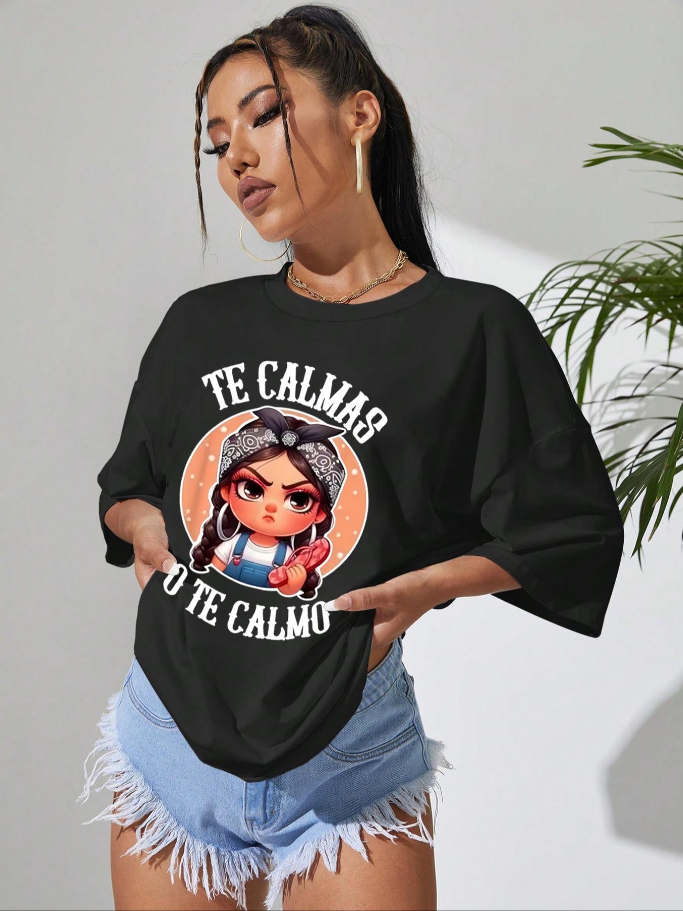 Women's Cartoon & Letter Print Round Neck Tee, Fashion Casual Short Sleeve T-shirt for Daily Wear, Ladies Summer Clothes