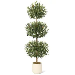 5ft Artificial Olive Tree Triple Ball Topiary Faux Potted Plant UV Resistant All Weather Outdoor Fake Tree for Front Porch Modern Organic Home Decor Large Artificial Plant for Living Room Office Entryway Patio Decor