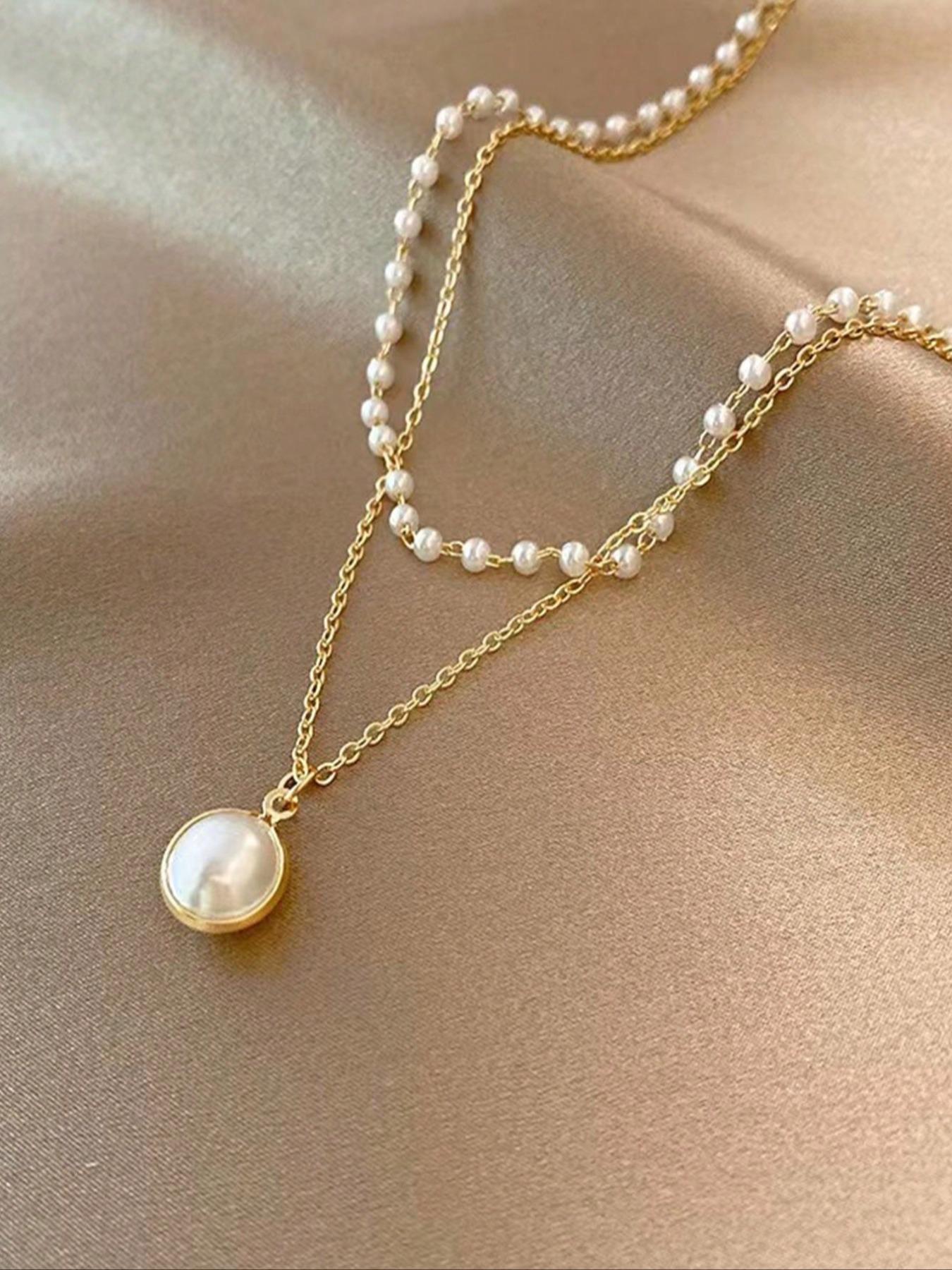 Faux Pearl Pendants Necklace for Women for Gift, Double Layered Necklace, Fashion All-match Accessory, Trendy Jewelry for Daily Wear